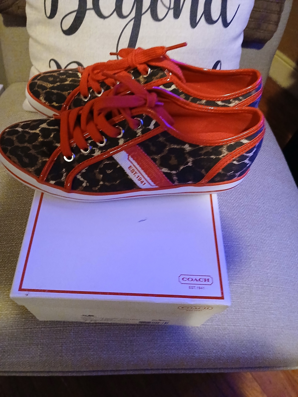 Coach Leopard-Print Canvas Sneakers with Red Trim